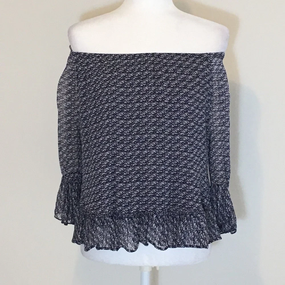 Lucky Brand Womens Printed Off Shoulder Top Purple Blue Ruffle Trim size XS